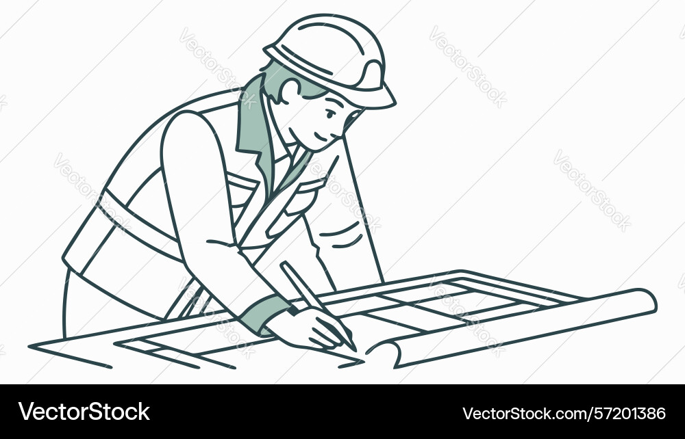 Engineer working with robotic arm and blueprints Vector Image