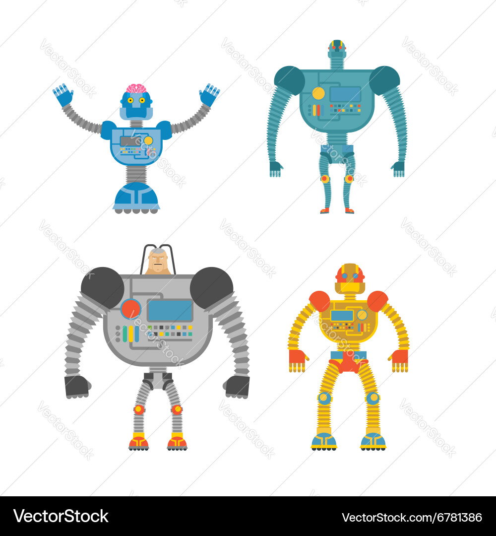 Robots set space invaders cyborgs iron colored Vector Image