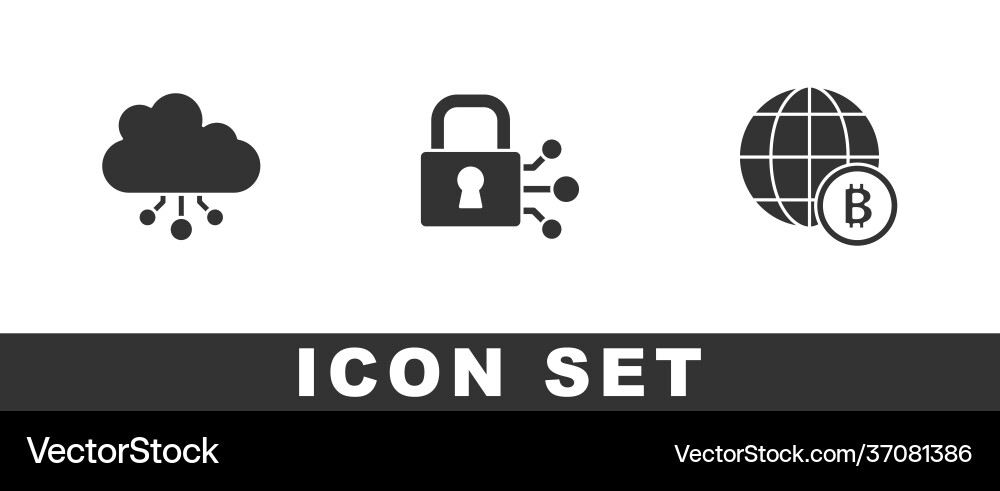 Set cryptocurrency cloud mining lock with bitcoin Set cryptocurrency cloud mining lock with bitcoin vector image