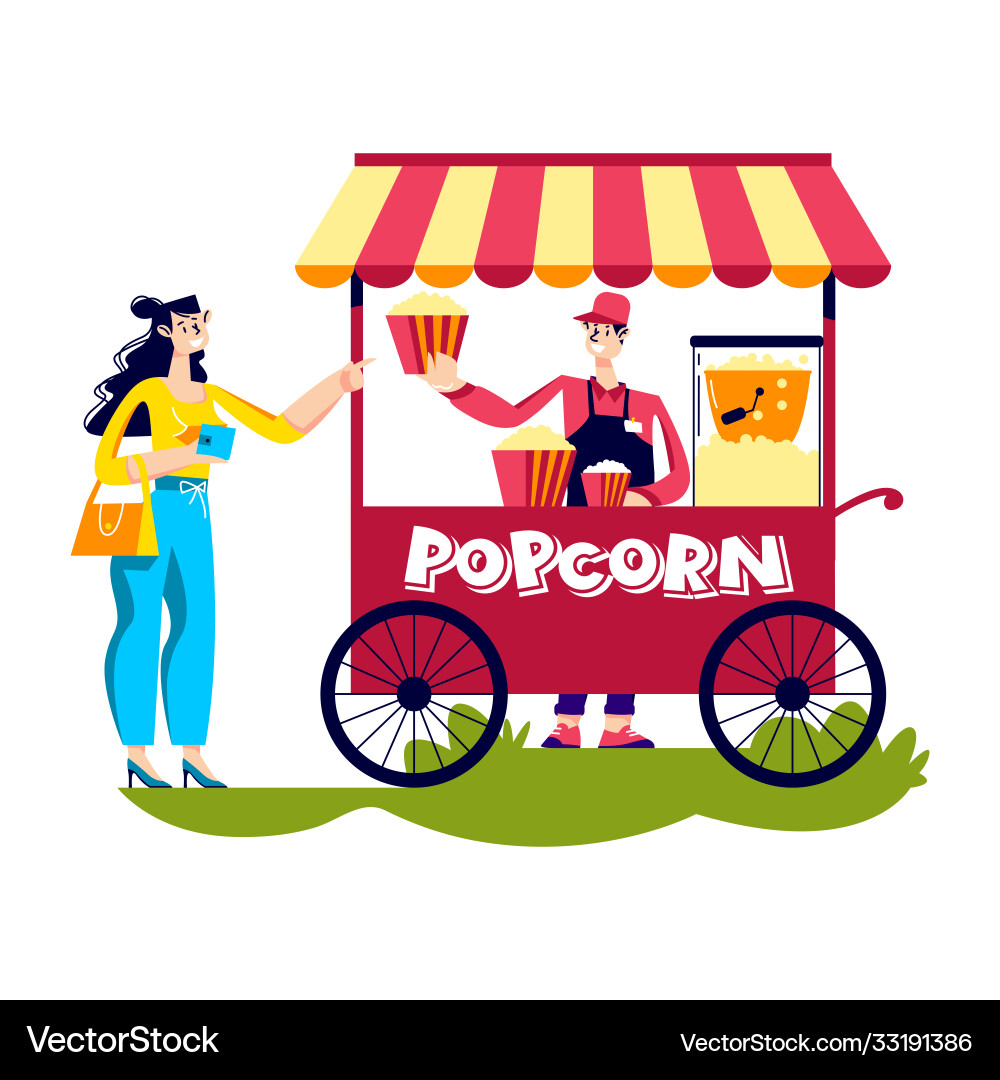 Woman buy popcorn in street kiosk young female Woman buy popcorn in street kiosk young female vector image