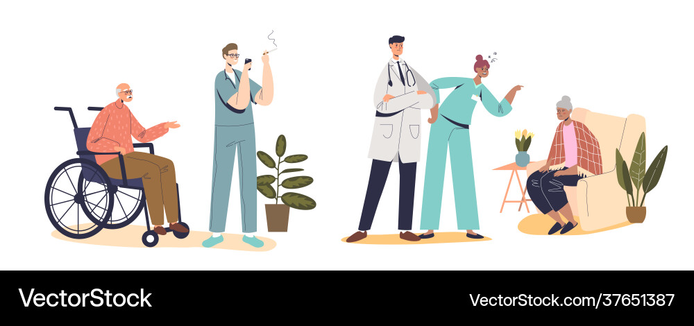 Bad nursing set with lazy and angry nurses Bad nursing set with lazy and angry nurses vector image