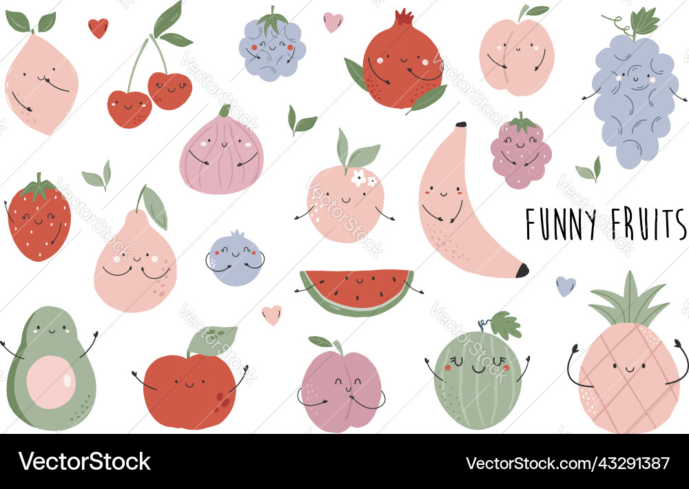 Set von lustigen bunten Obstfiguren Set von lustigen bunten Obstfiguren vektorbild