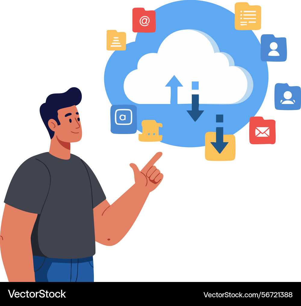 Man uploading and downloading files to cloud Man uploading and downloading files to cloud vector image