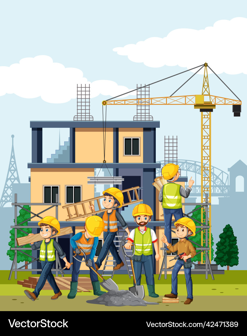 Building construction site with workers Vector Image