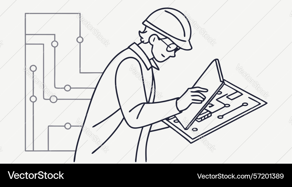 Engineer reviewing technical blueprints design Vector Image