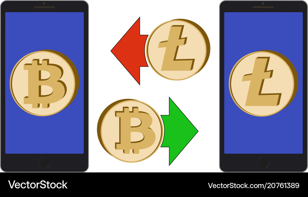 Exchange between bitcoin and litecoin in the phone Vector Image