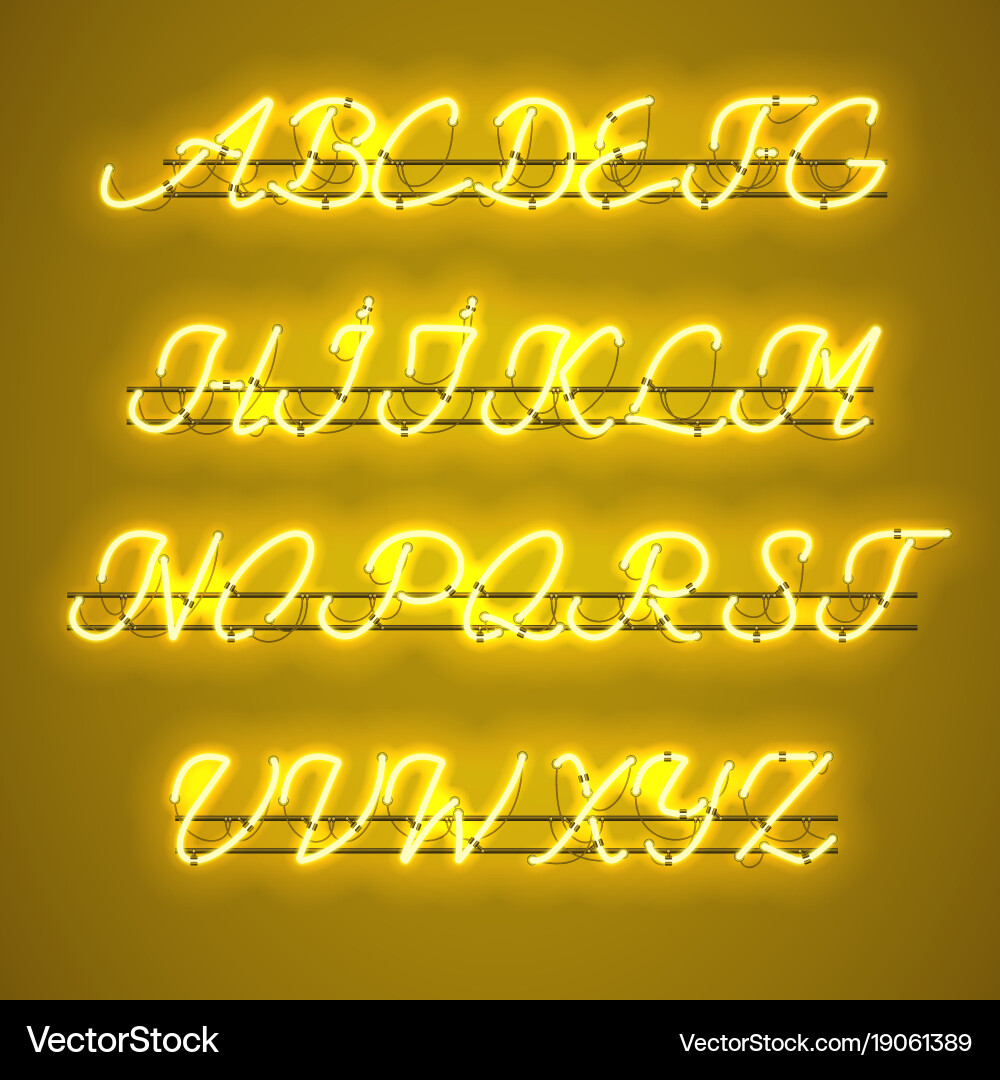 Glowing yellow neon uppercase script font vector image