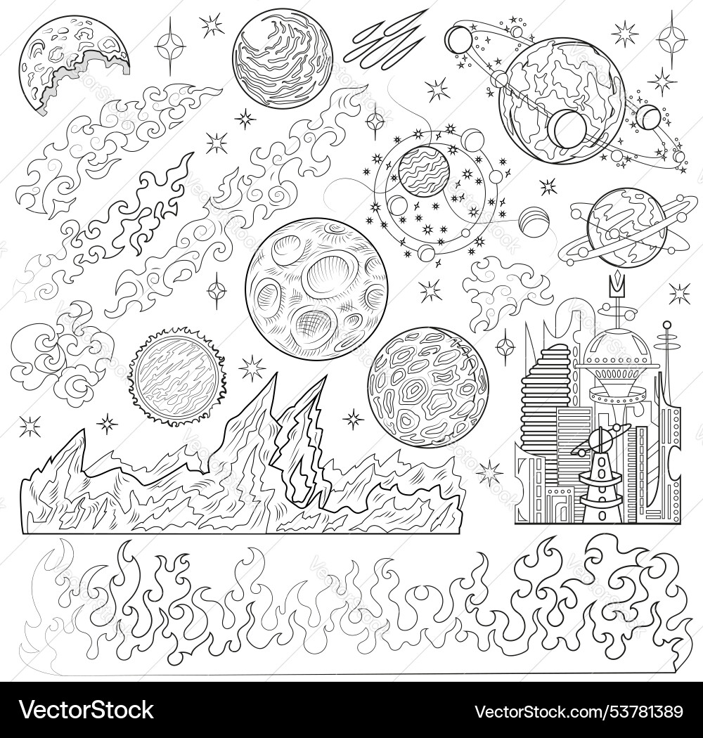 Hand drawn with retro space objects Hand drawn with retro space objects vector image