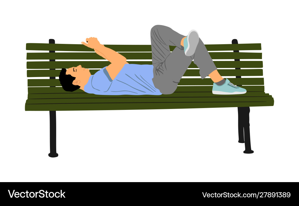 Lazy man lying down on bench with mobile phone Lazy man lying down on bench with mobile phone vector image