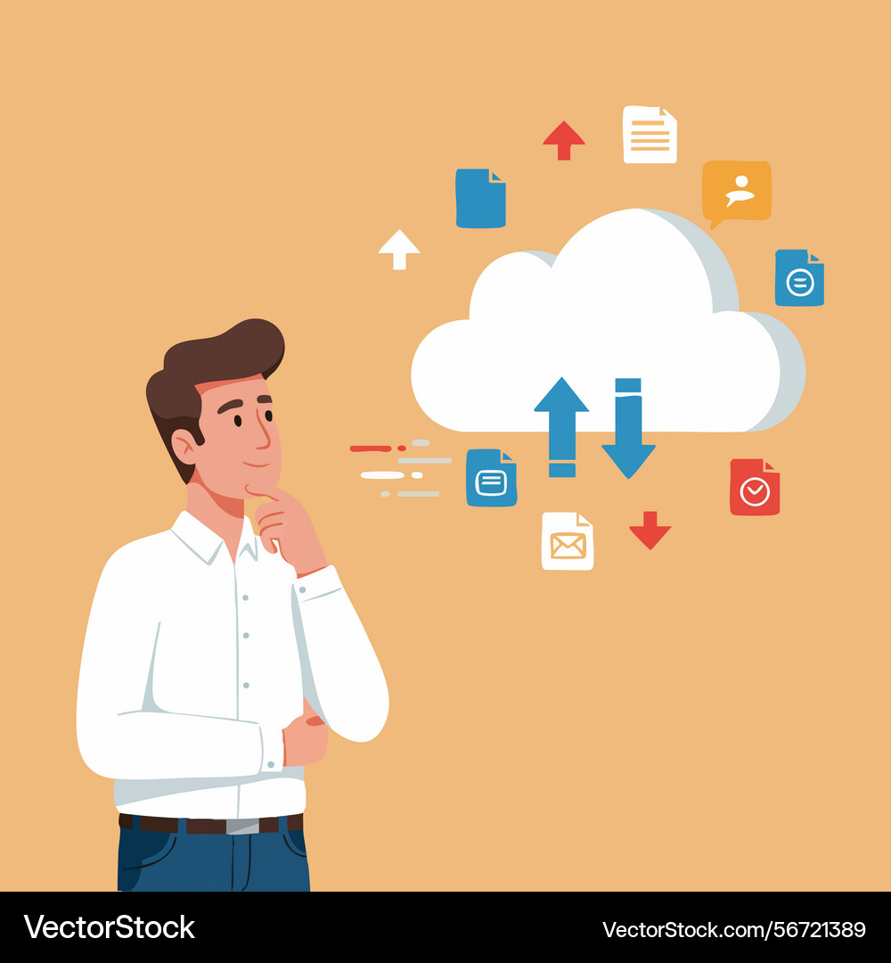 Man thinking about cloud storage technology data Man thinking about cloud storage technology data vector image