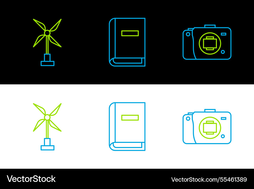 Set line mirrorless camera wind turbine and user Set line mirrorless camera wind turbine and user vector image