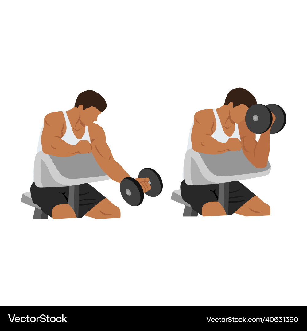 Man doing one arm dumbbell preacher curl Man doing one arm dumbbell preacher curl vector image
