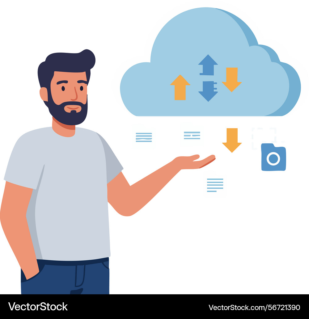 Man using cloud data storage concept with upload Man using cloud data storage concept with upload vector image