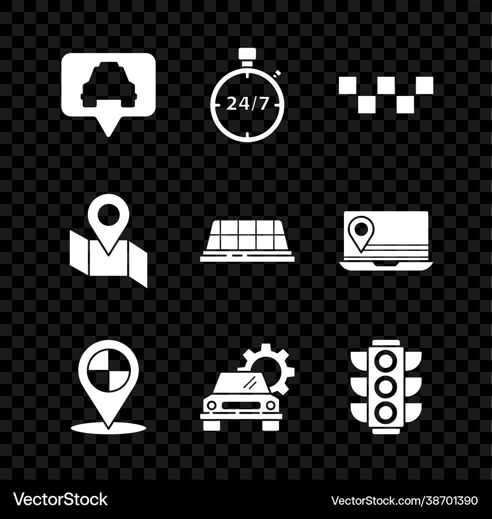 Set map pointer with taxi stopwatch 24 hours Set map pointer with taxi stopwatch 24 hours vector image