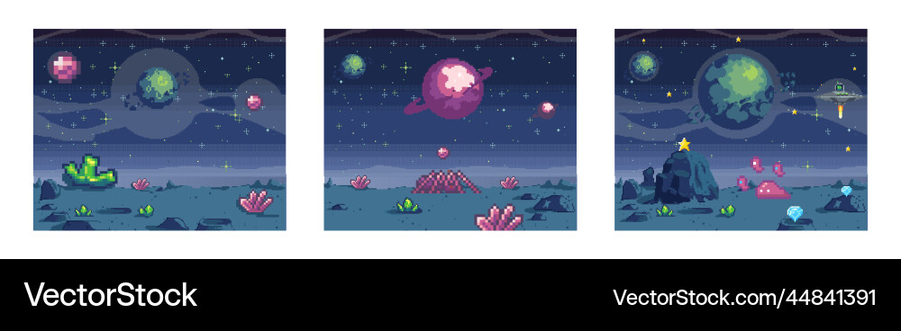 Cosmic scenes set in pixel art pixelated location Cosmic scenes set in pixel art pixelated location vector image