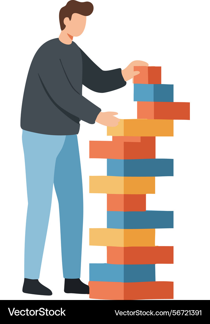 Man playing stacking blocks game tower building Man playing stacking blocks game tower building vector image