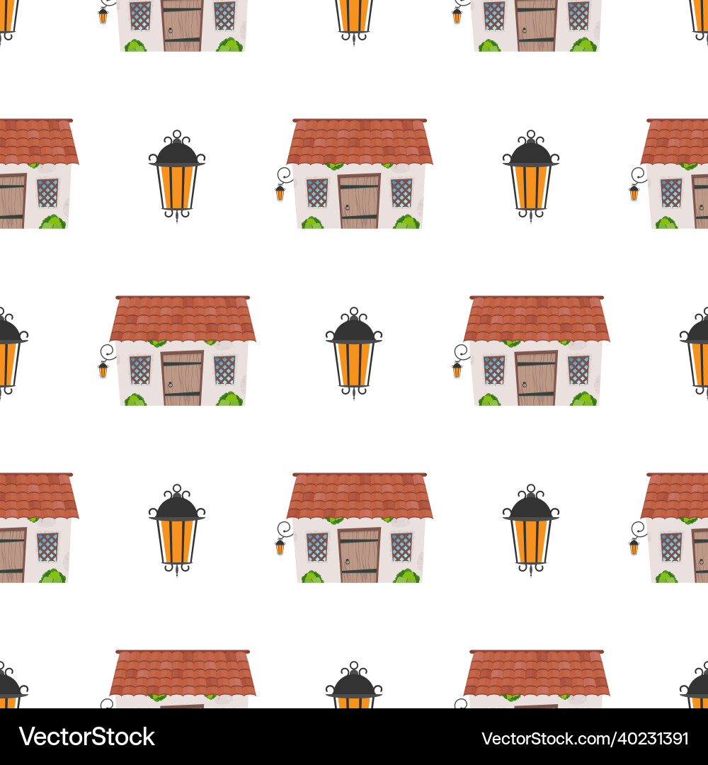 Seamless pattern with lanterns and houses endless Seamless pattern with lanterns and houses endless vector image