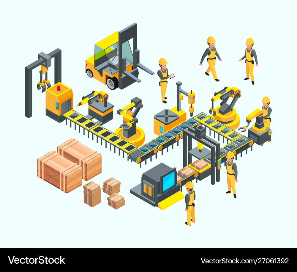 Factory isometric industrial machinery production vector image