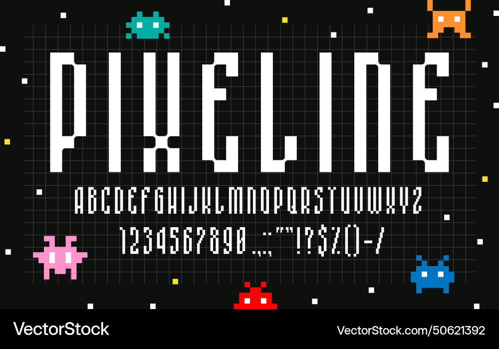 Modern pixel font binary type digital alphabet Modern pixel font binary type digital alphabet vector image
