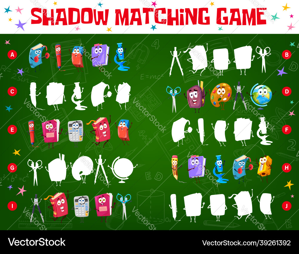 Shadow match game worksheet with stationery books Shadow match game worksheet with stationery books vector image