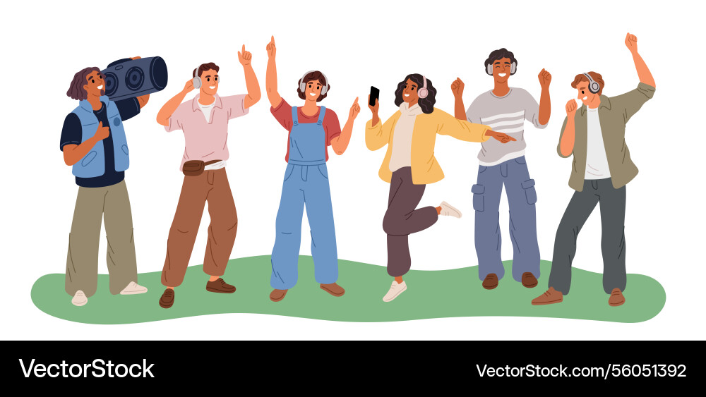 Young people group music listening happy friend Young people group music listening happy friend vector image