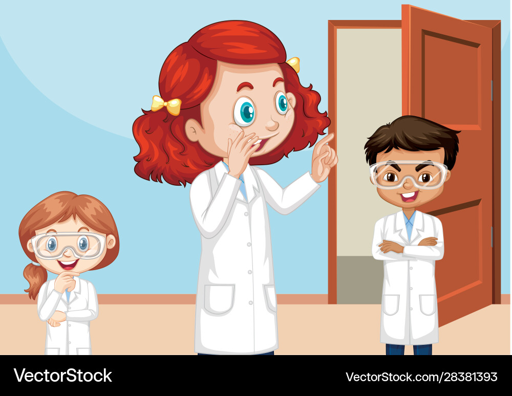 Classroom scene with three science students inside Classroom scene with three science students inside Vector Image