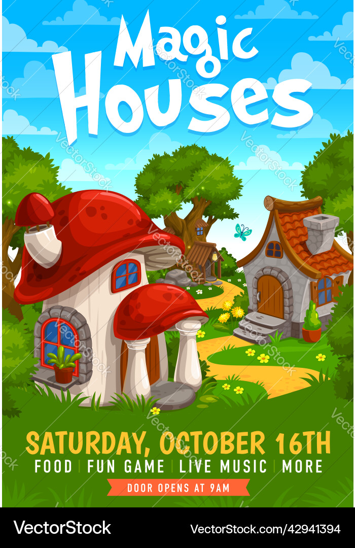 Kids party flyer with cartoon elf houses village vector image