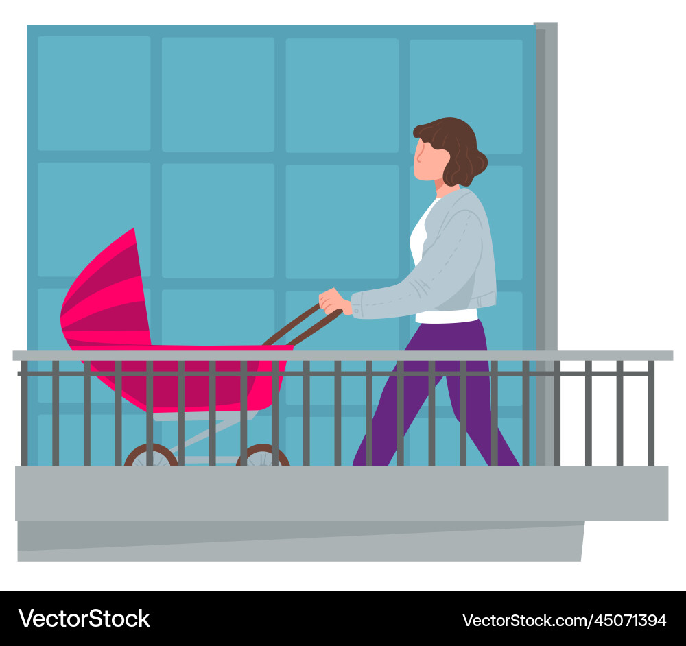 Woman on balcony with perambulator kid Woman on balcony with perambulator kid vector image