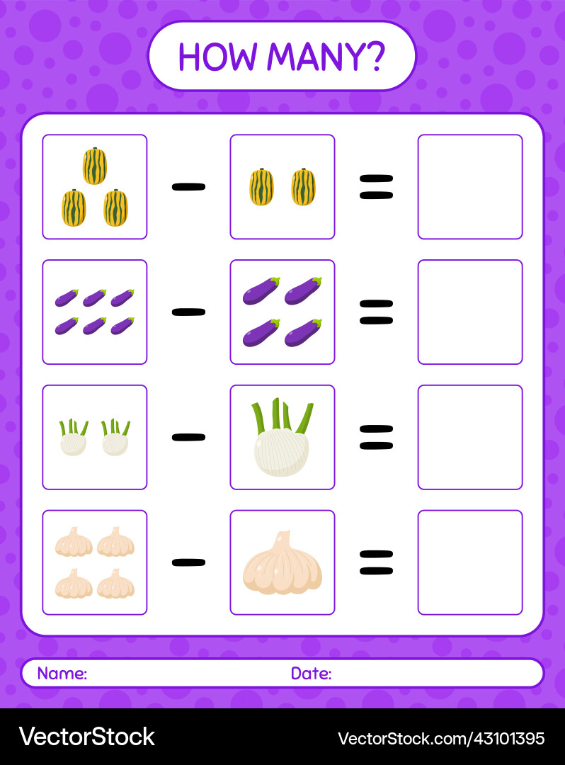 How many counting game with vegetables worksheet How many counting game with vegetables worksheet vector image