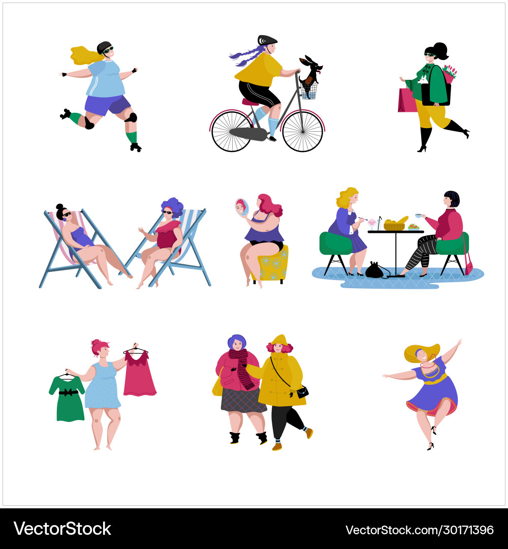 Body positive girls in active healthy life plus Body positive girls in active healthy life plus vector image