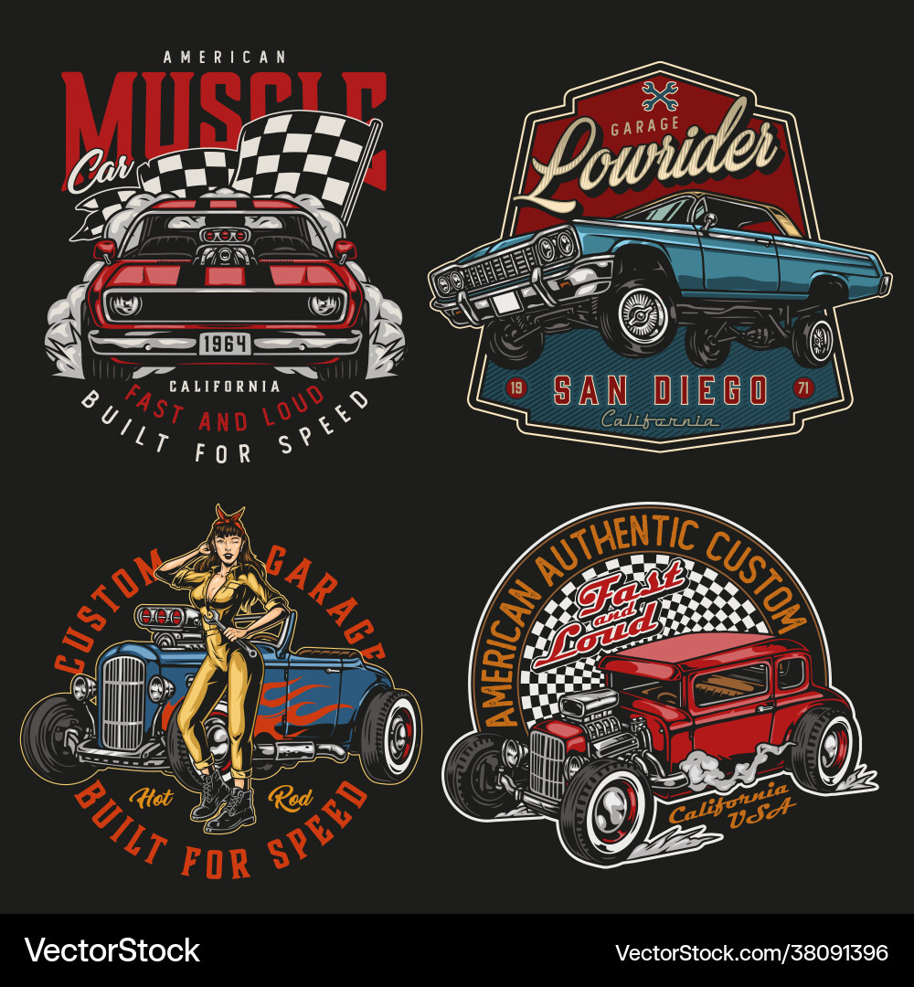 Classic Car Labels - Lowrider & Muscle Vector Image