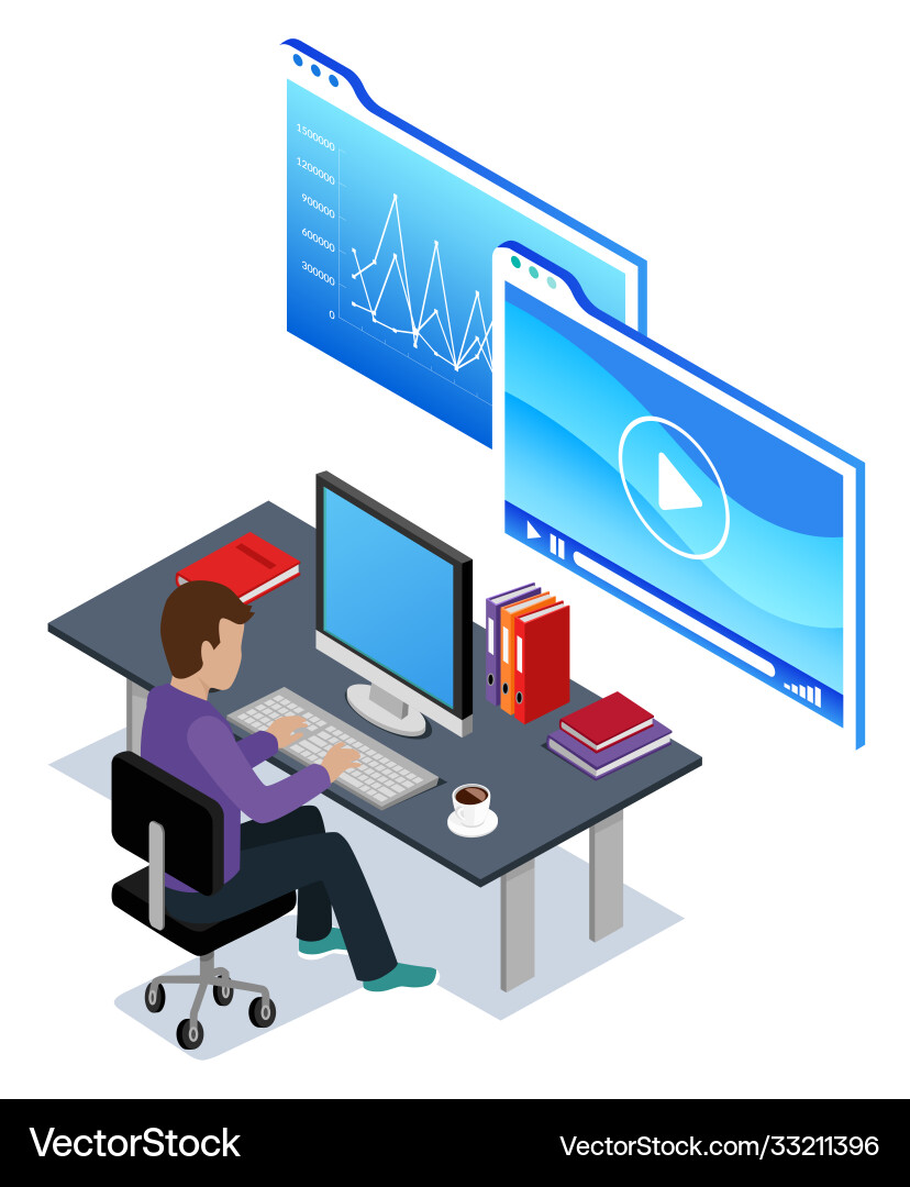 Man working on data analysis worker in office Man working on data analysis worker in office vector image
