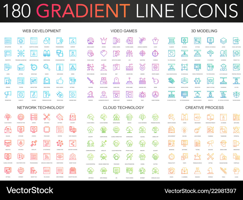 180 Gradient Line Icons - Web & Tech vector image