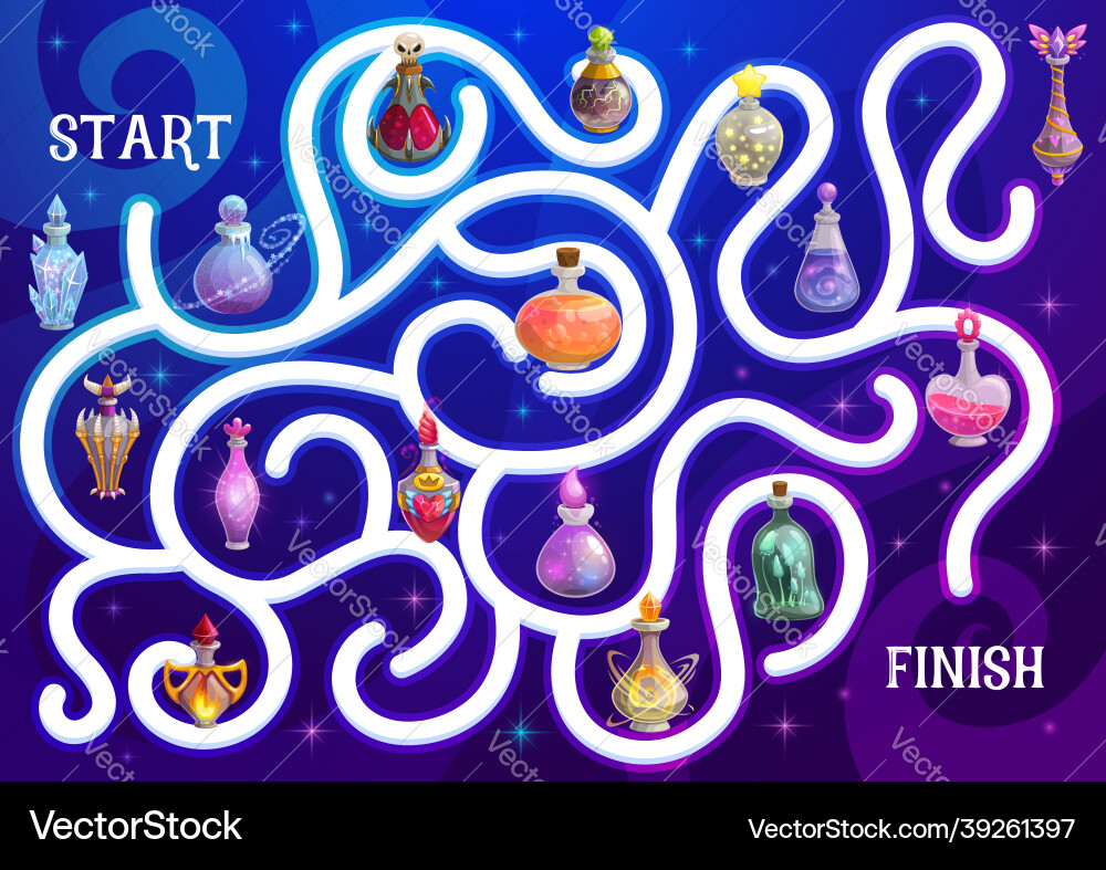 Halloween Maze Game with Potion Bottles Vector Image