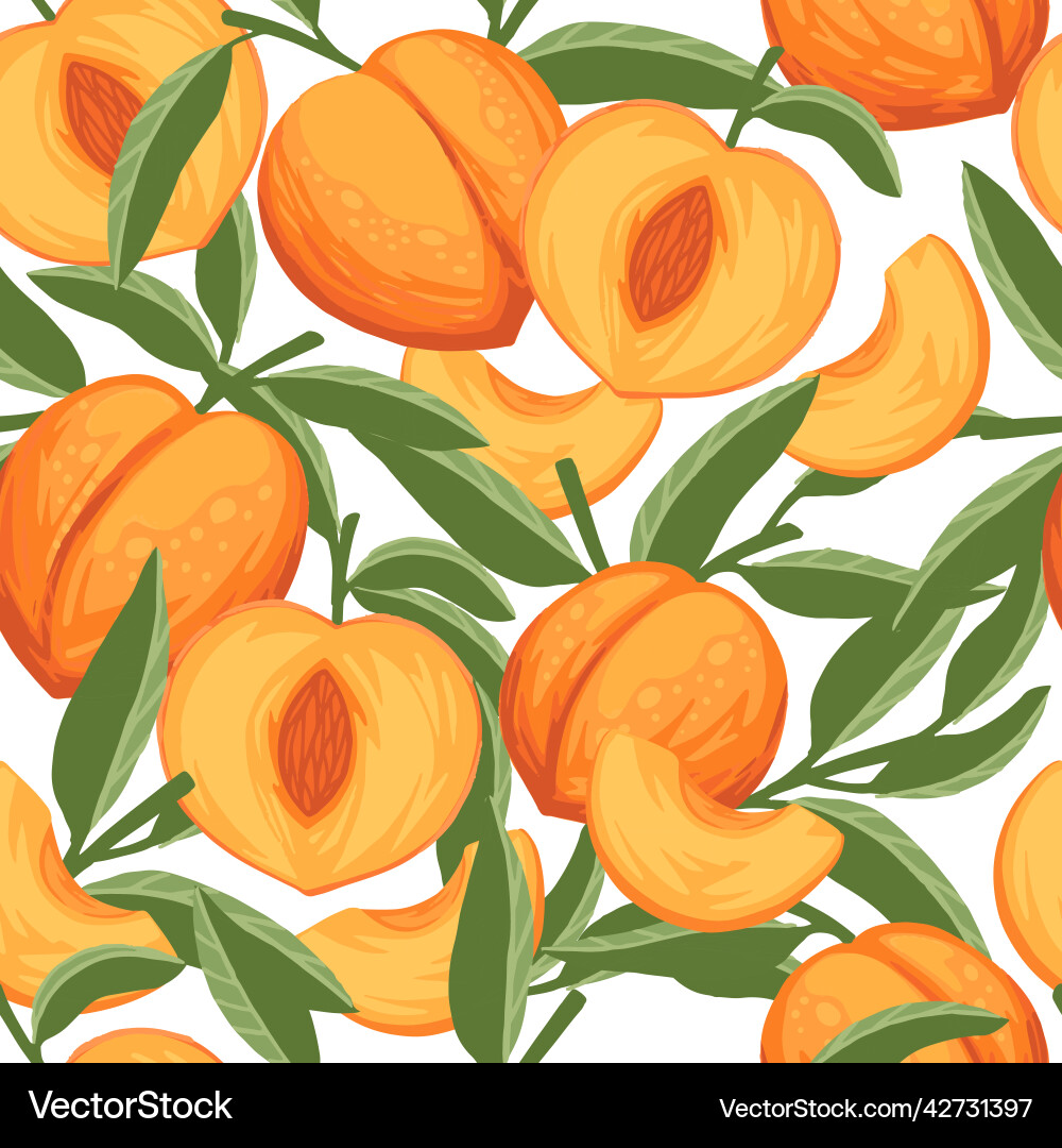 Seamless pattern of peach whole and sliced vector image