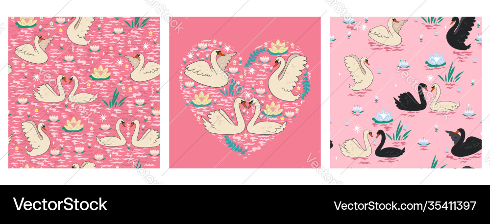 Set seamless patterns with swans on a pink Set seamless patterns with swans on a pink Vector Image