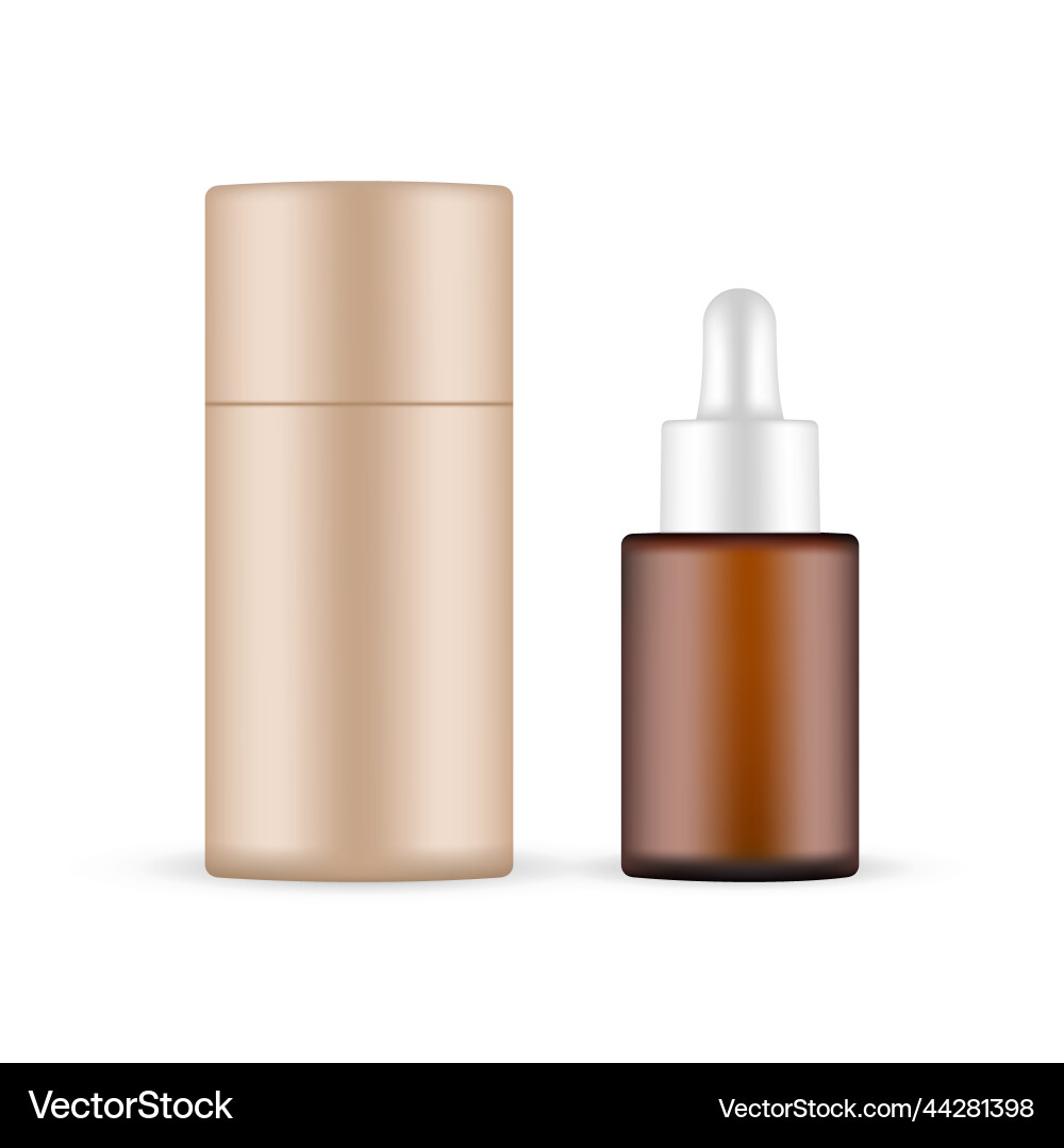 Amber dropper bottle mockup with cardboard tube vector image