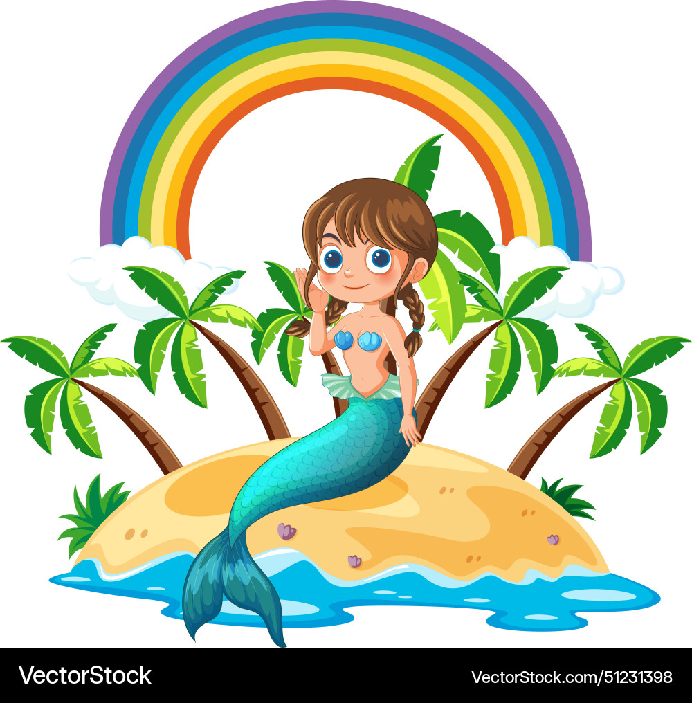 Cartoon mermaid sitting on sand under a rainbow Vector Image