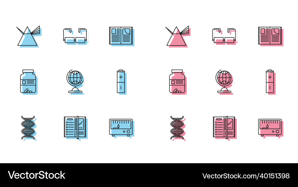 Set line dna symbol notebook light rays in prism vector image