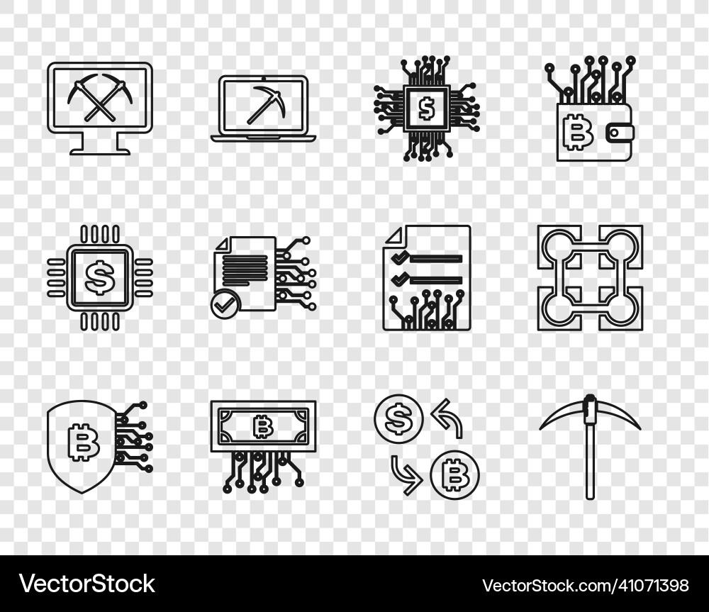 Set line shield with bitcoin pickaxe processor Set line shield with bitcoin pickaxe processor Vector Image