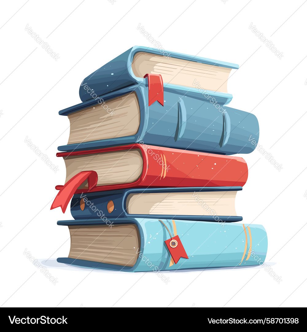 Stack of colorful books with bookmarks displayed Vector Image