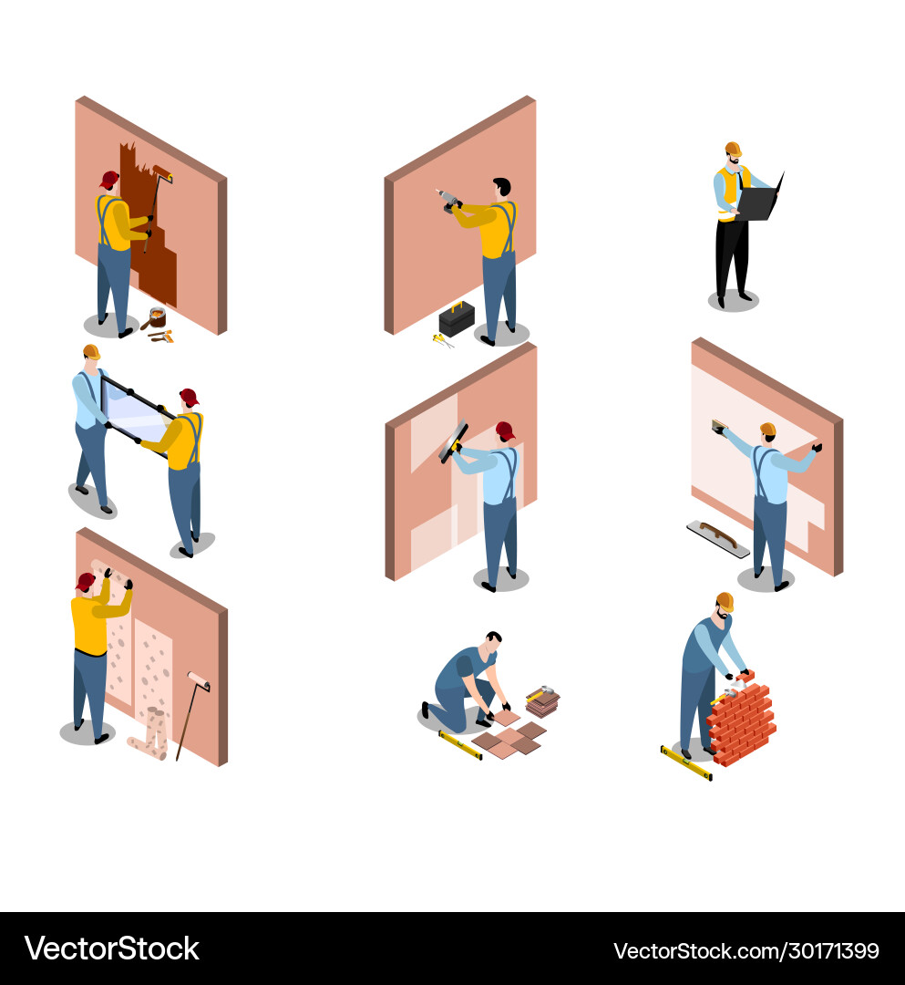 Isometric builder architect set with building Isometric builder architect set with building vector image