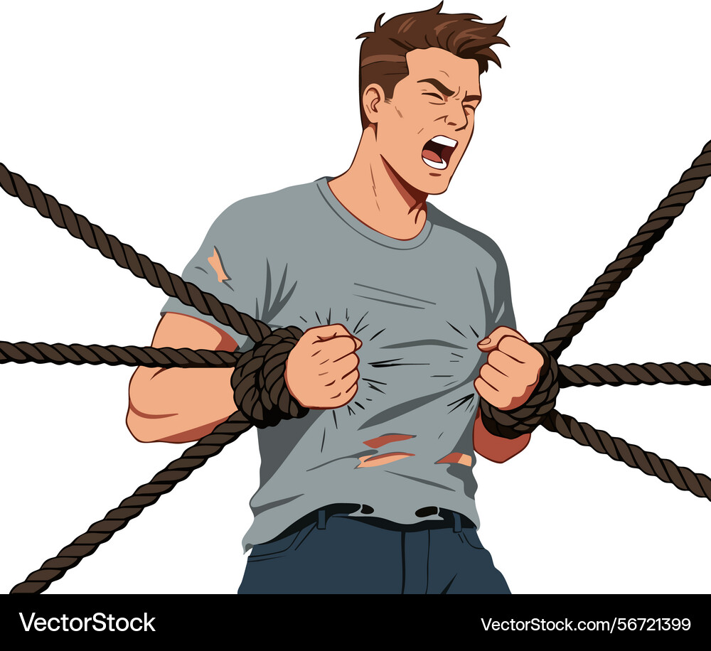 Man struggling to break free from multiple ropes Vector Image