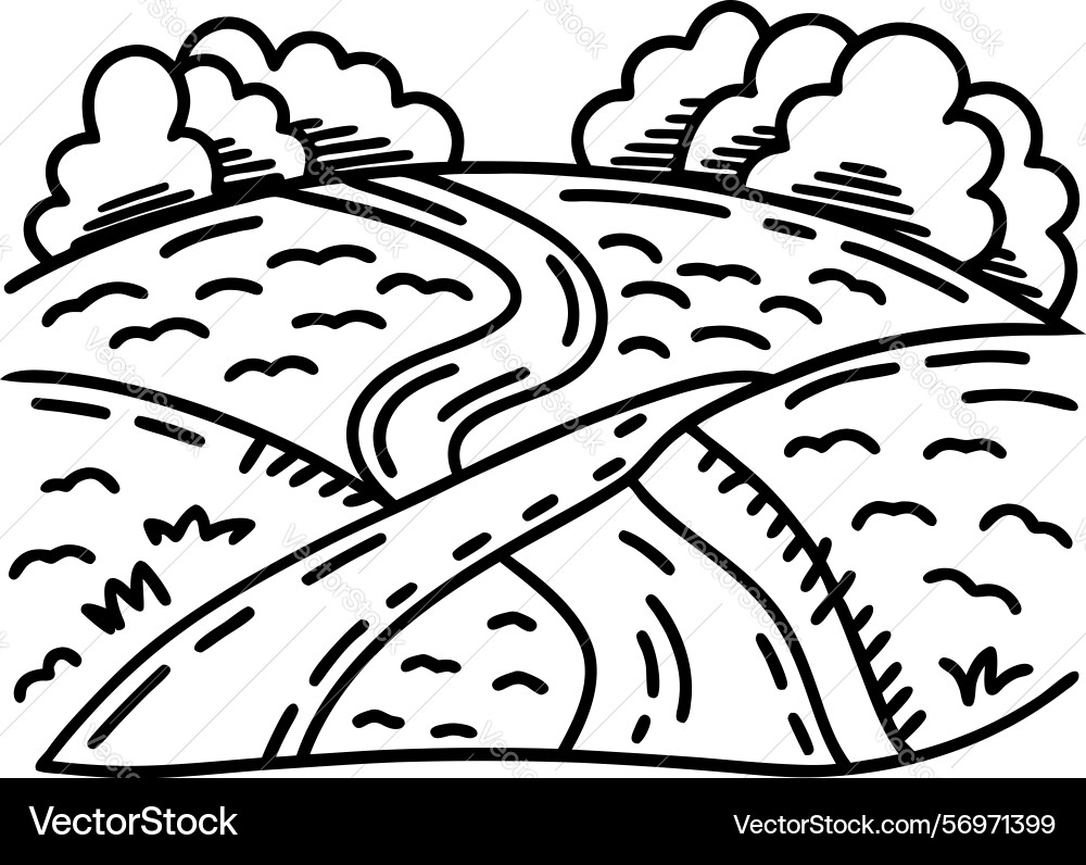 Winding rural path crossing open fields Winding rural path crossing open fields vector image