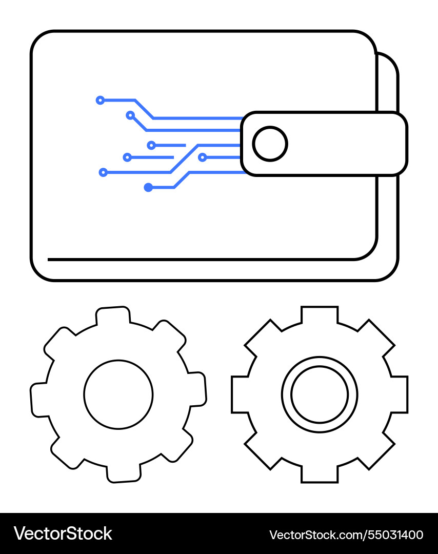 Digital wallet with circuit pattern and gears Vector Image