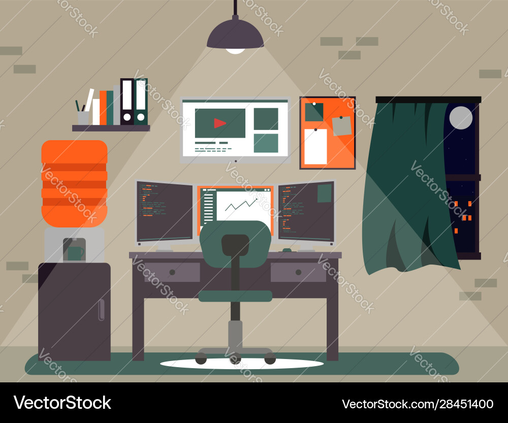 Programmer or blogger workspace in midnight Programmer or blogger workspace in midnight vector image