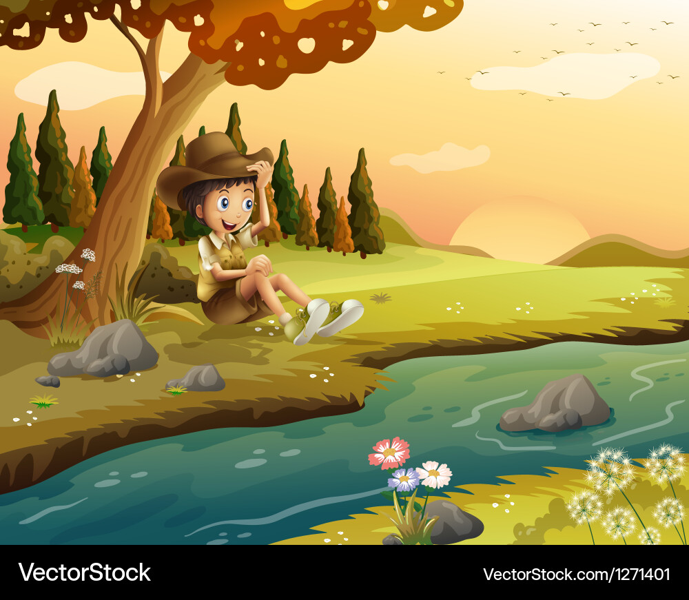 A boy sitting at the riverbank Vector Image