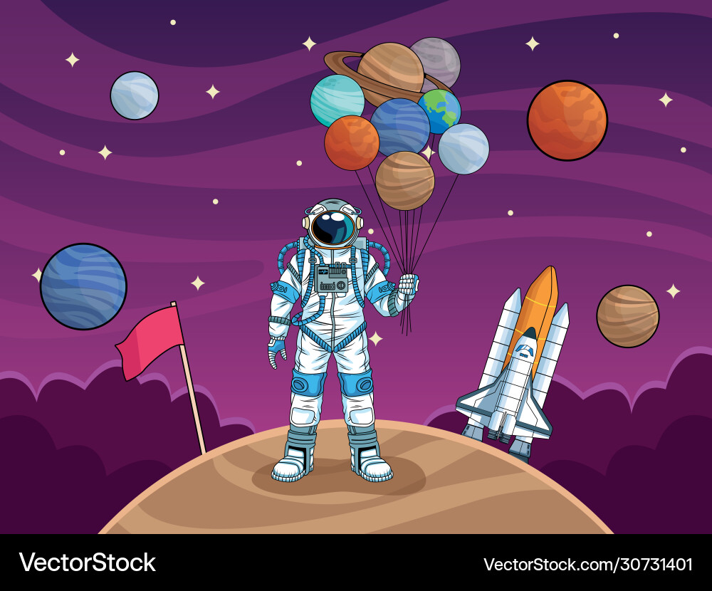 Astronaut with rocket and planets in space Astronaut with rocket and planets in space vector image