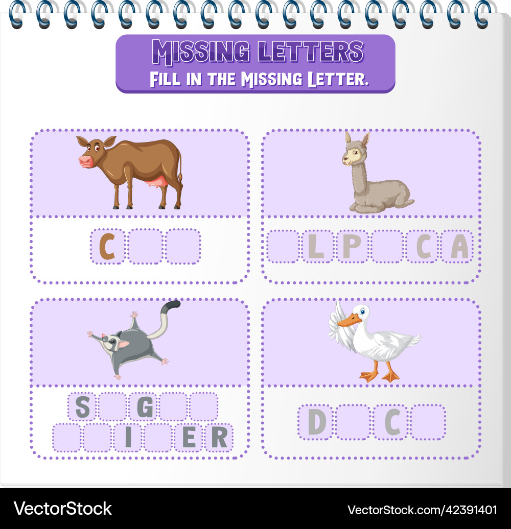 Fill the missing letter of each word worksheet Vector Image