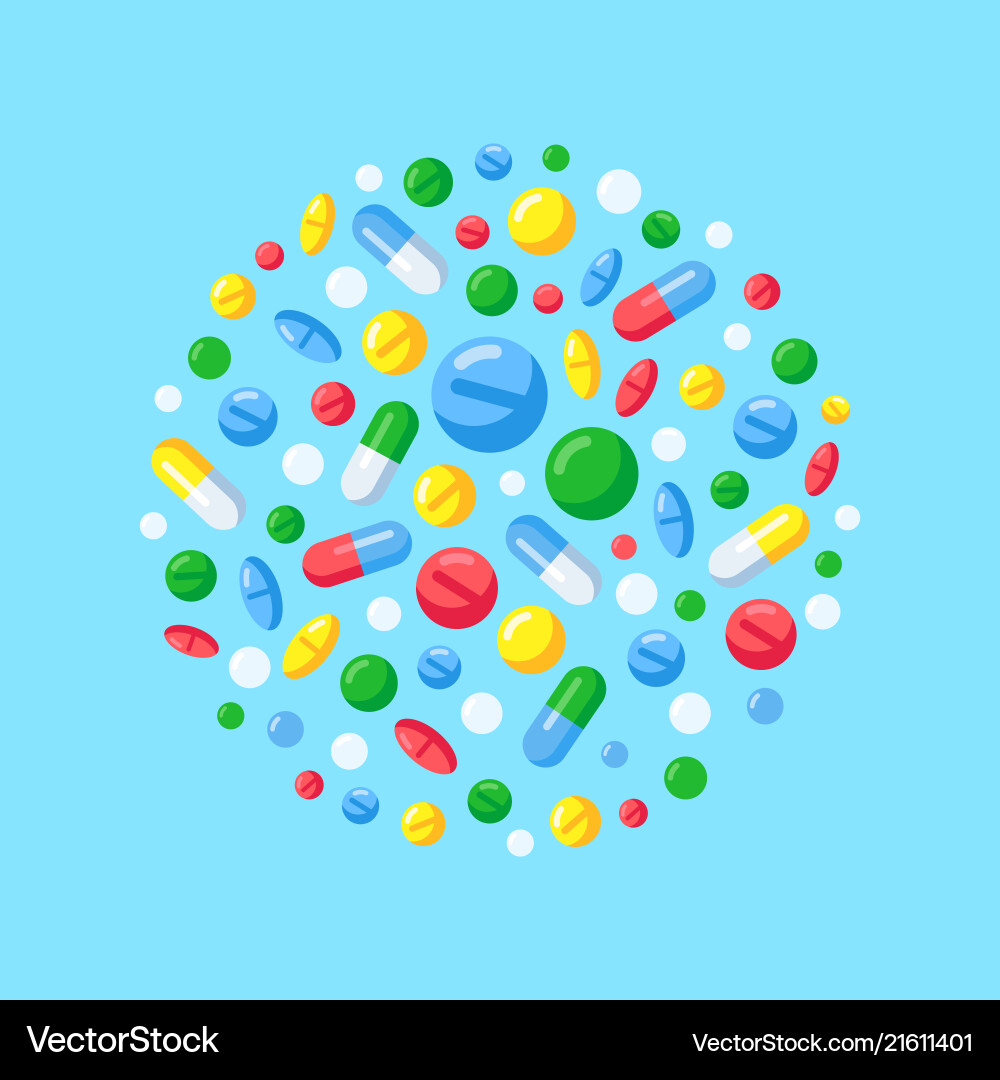 Flat medicine pills background painkiller drug Flat medicine pills background painkiller drug vector image